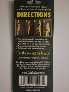 CatchALure conventional fishing lure retriever device back of retail packaging directions and instructions.